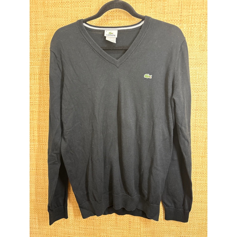 Lacoste Mens V-Neck Sweater Black Cotton Long Sleeve Logo Size 4 Medium